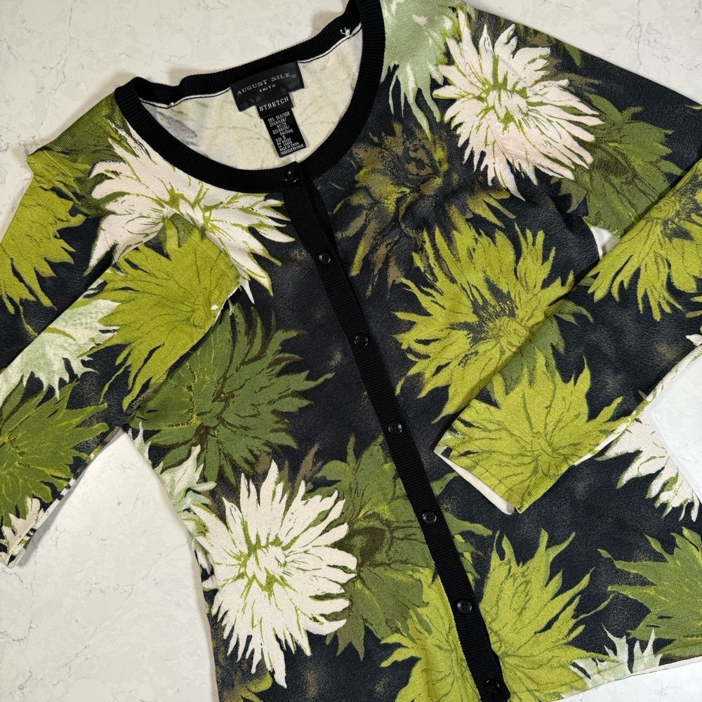 August Silk Knits Silk Blend LS Crew Neck Cardigan Sweater Green Floral Light S